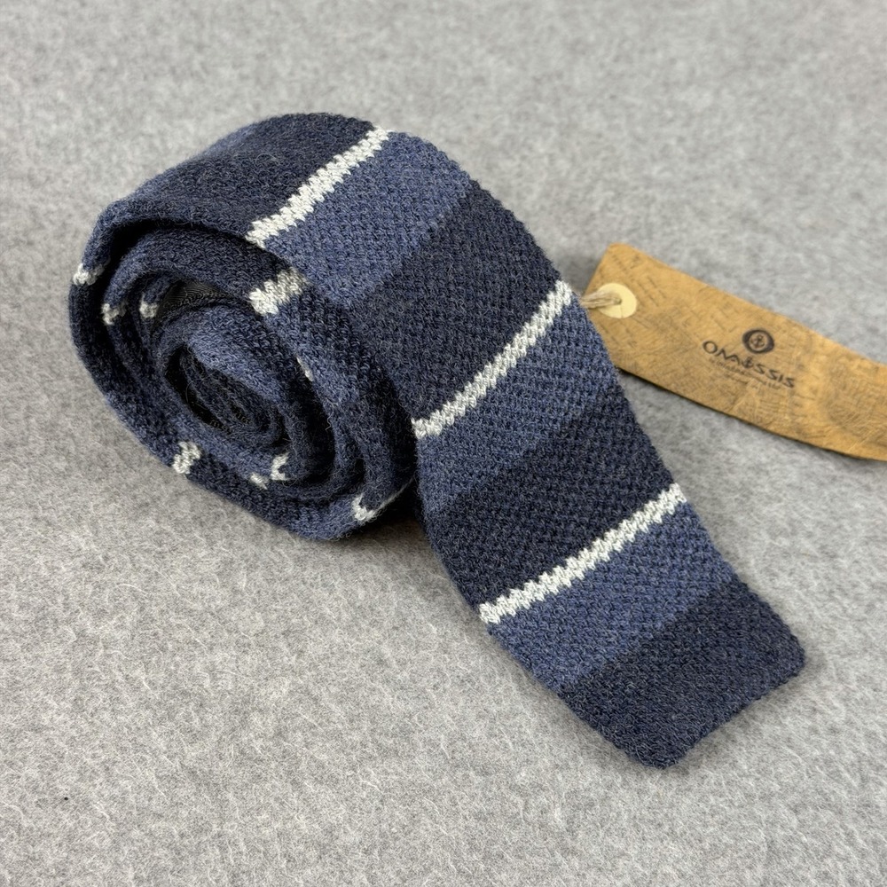 Onassis Orson Merino Knit Tie Blue Striped Cotton Wool Slim Necktie 58x2" NWT